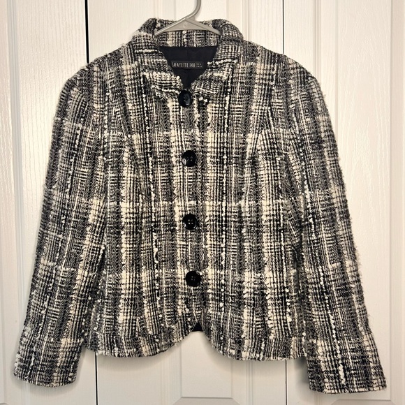 Lafayette‎ 148 New York Womens Four Button Tweed Jacket Black White Size 14 - Picture 1 of 7